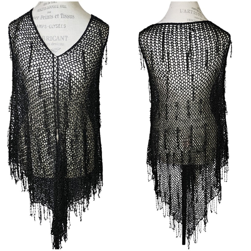Open Knit Crochet Fringe Poncho  Shawl Womens OS Black Whimisigoth Festival Boho